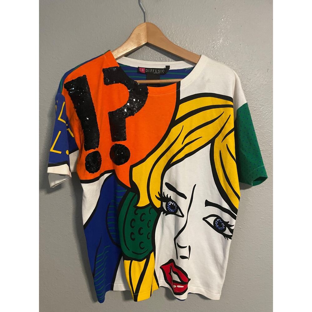 Vintage I.B. Diffusion T Shirt Womens Small Multicolor Comic All Over Print 1990